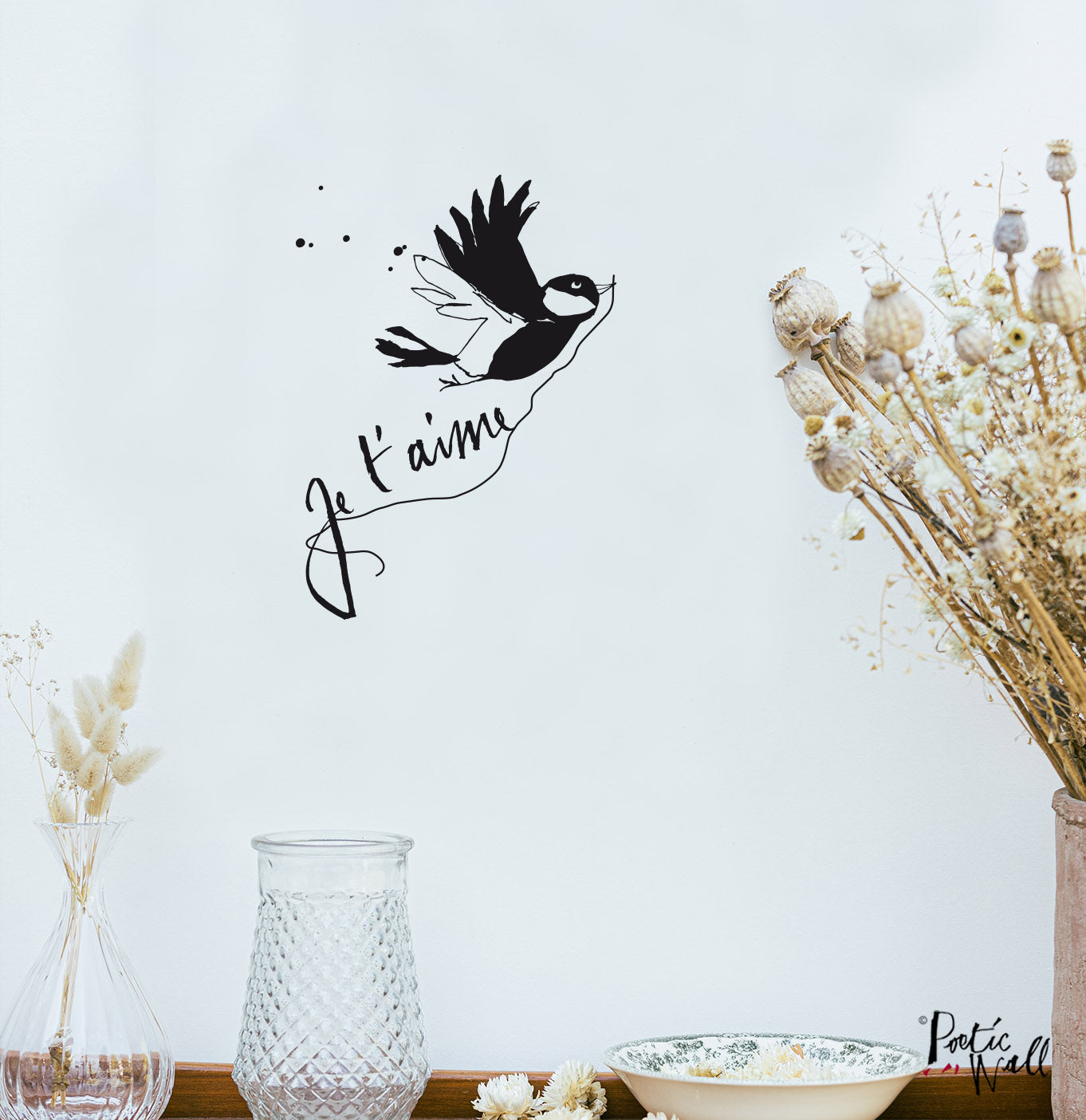Sticker mural texte et dessin original et poétique - Oiseau je t'aime