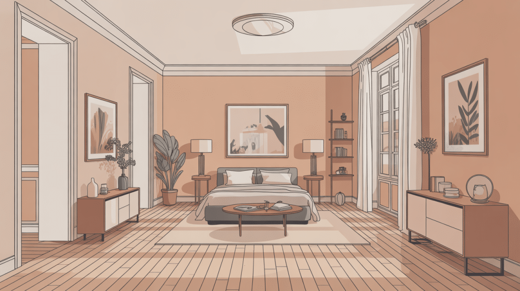 Illustration chambre en enfilade lumineuse style haussmannien