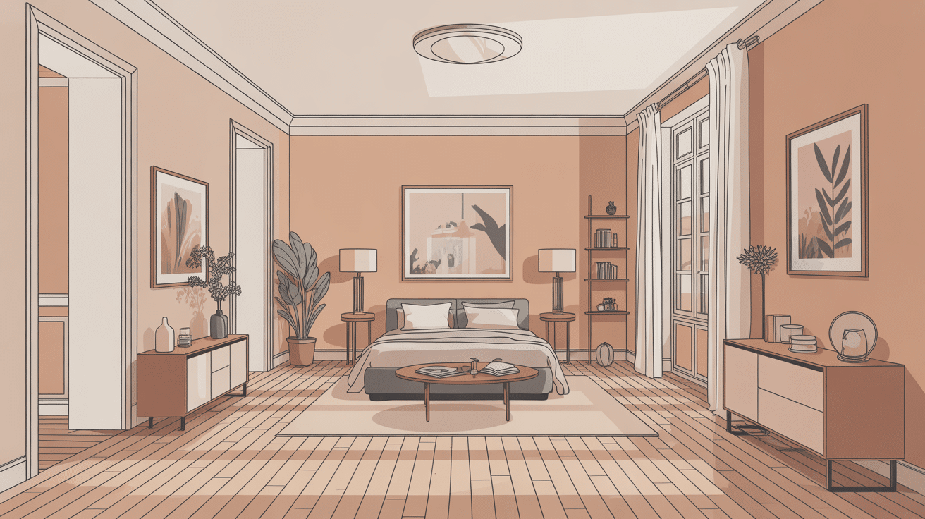 Illustration chambre en enfilade lumineuse style haussmannien