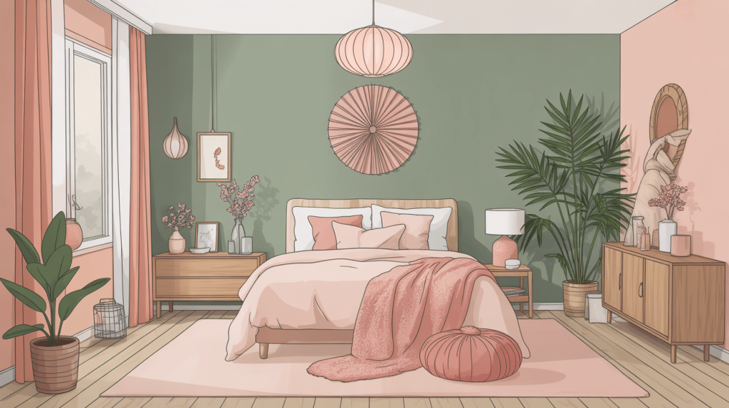 Illustration chambre vert sauge et rose ambiance douce cocooning