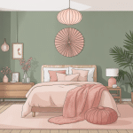 Illustration chambre vert sauge et rose ambiance douce cocooning