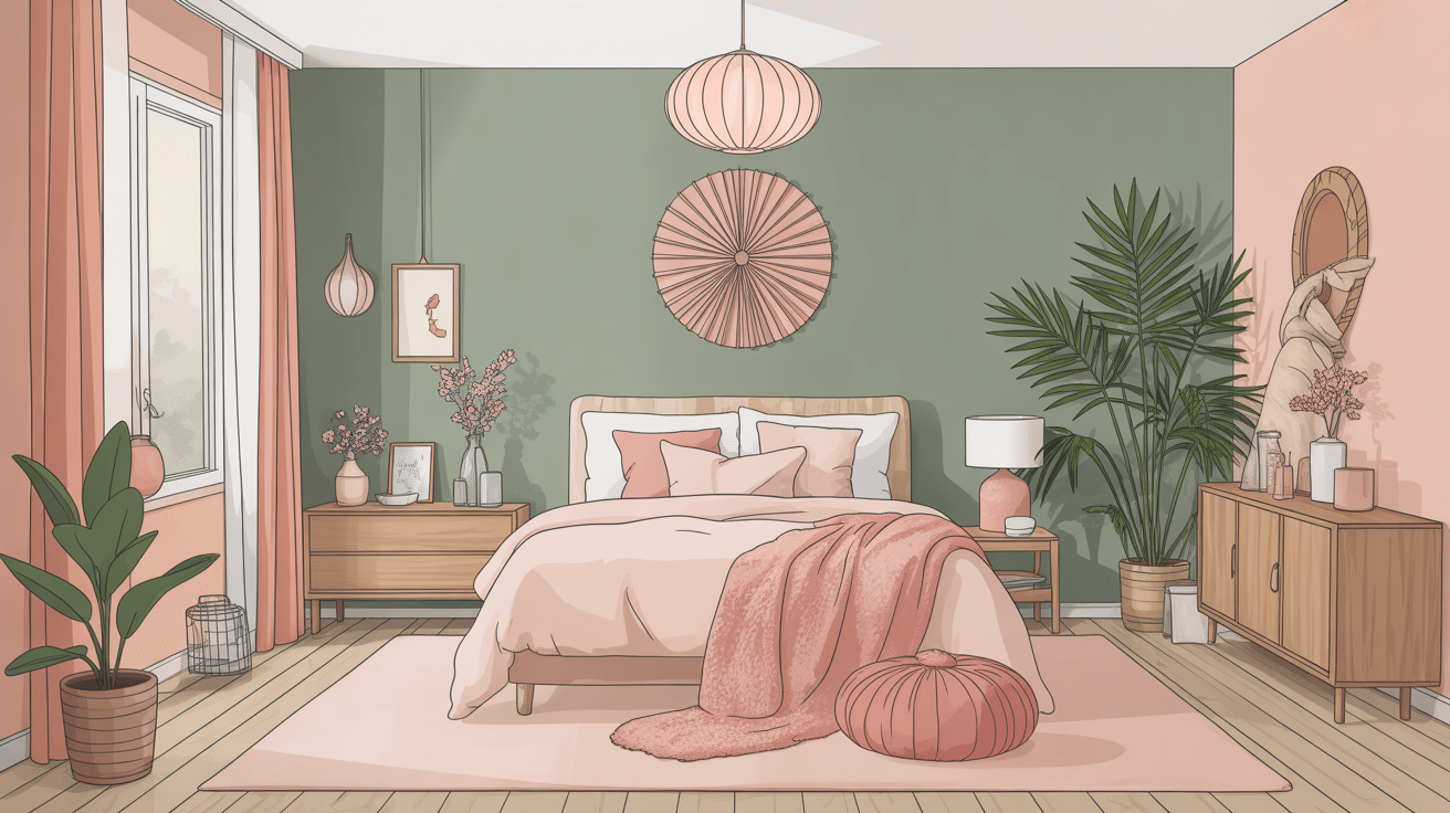 Illustration chambre vert sauge et rose ambiance douce cocooning