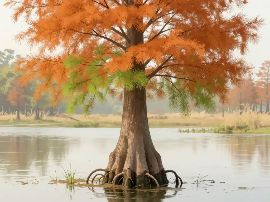 Cyprès chauve botanique racines aériennes orange eau