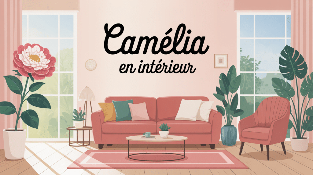 Peut on garder un camelia à l'intérieur illustré dans un salon lumineux