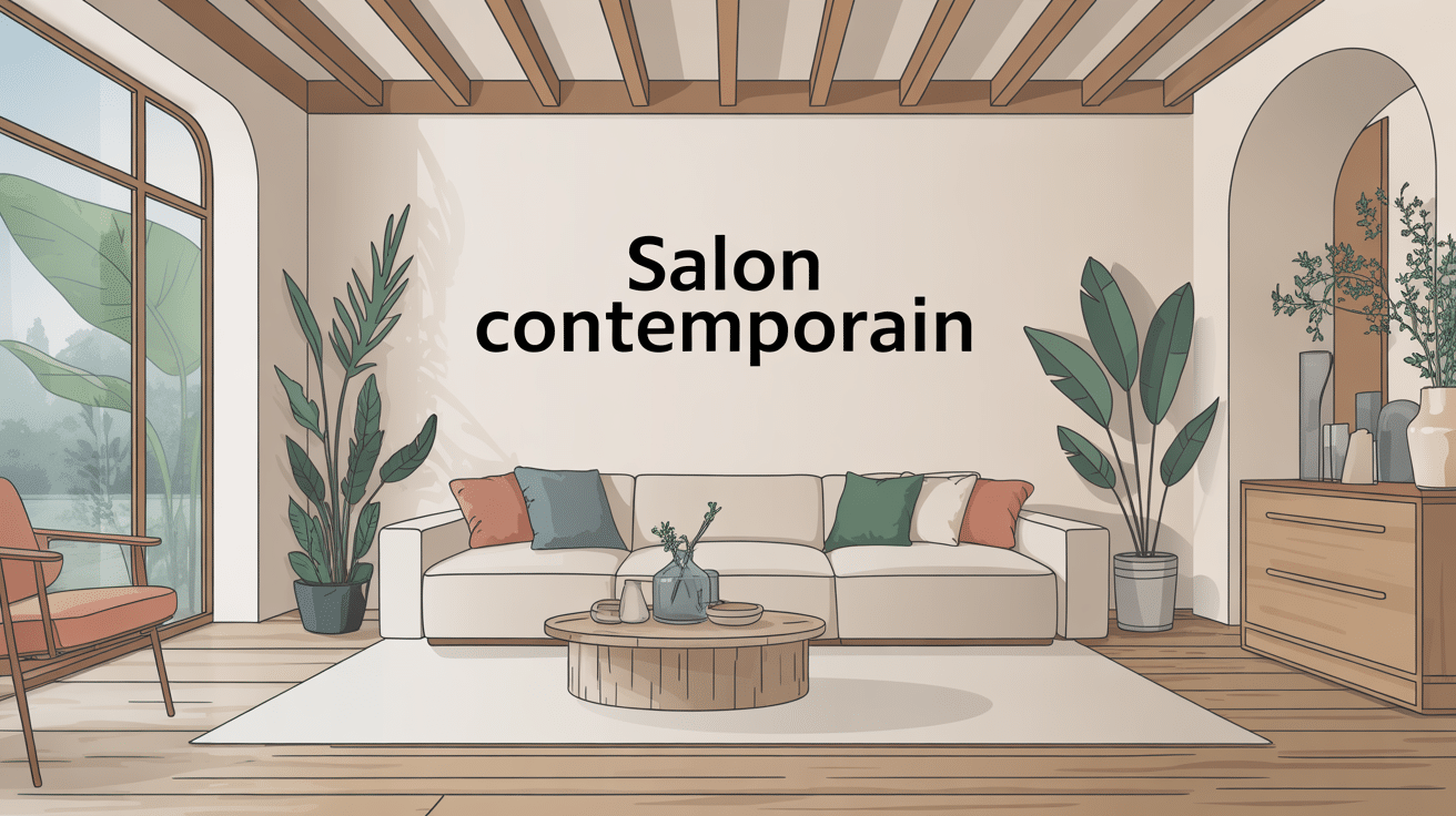 Illustration salon contemporain lumière bois canapé design