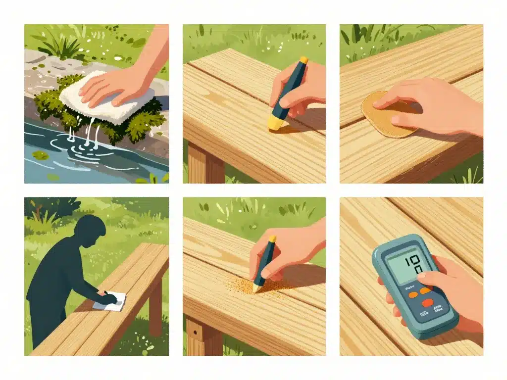 Préparation nettoyage ponçage humidité traitement bois extérieur