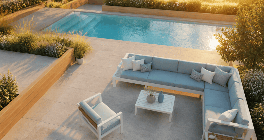 Carrelage terrasse moderne gris et piscine