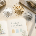 Chaux enduit outils et pigments sur plan de travail