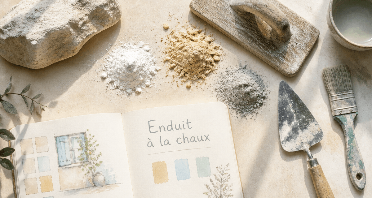 Chaux enduit outils et pigments sur plan de travail