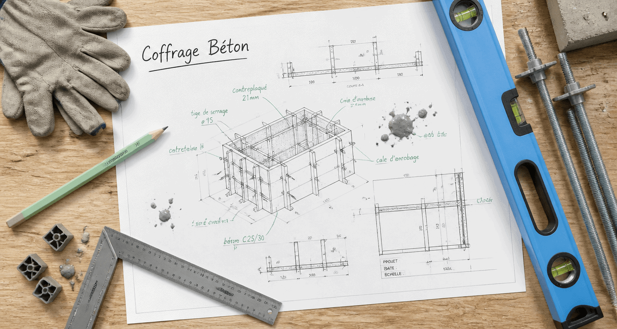 Coffrage mur avec outils, plans et accessoires sur établi