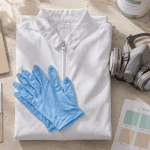 combi peinture blanche et équipements de sécurité sur établi