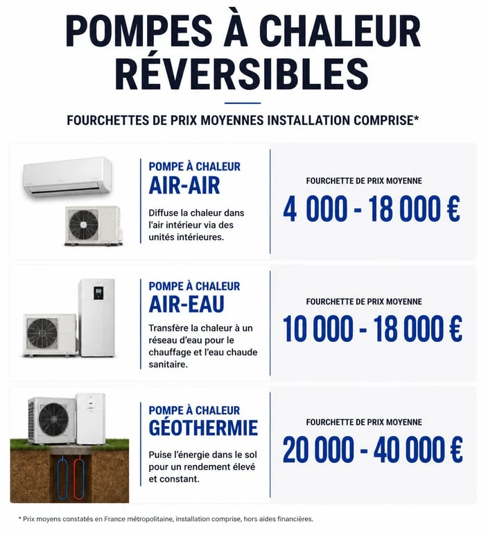 Comparatif des prix des pompes à chaleur clim réversible selon la technologie