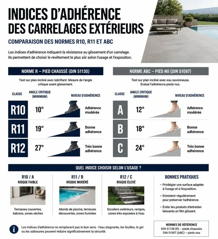Tableau comparatif des indices d'adhérence R et ABC pour le choix d'un carrelage terrasse moderne