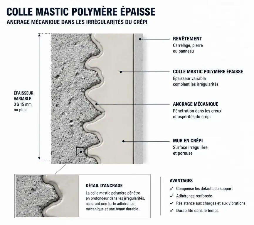 Schéma technique expliquant comment coller sur du crépi en comblant les irrégularités