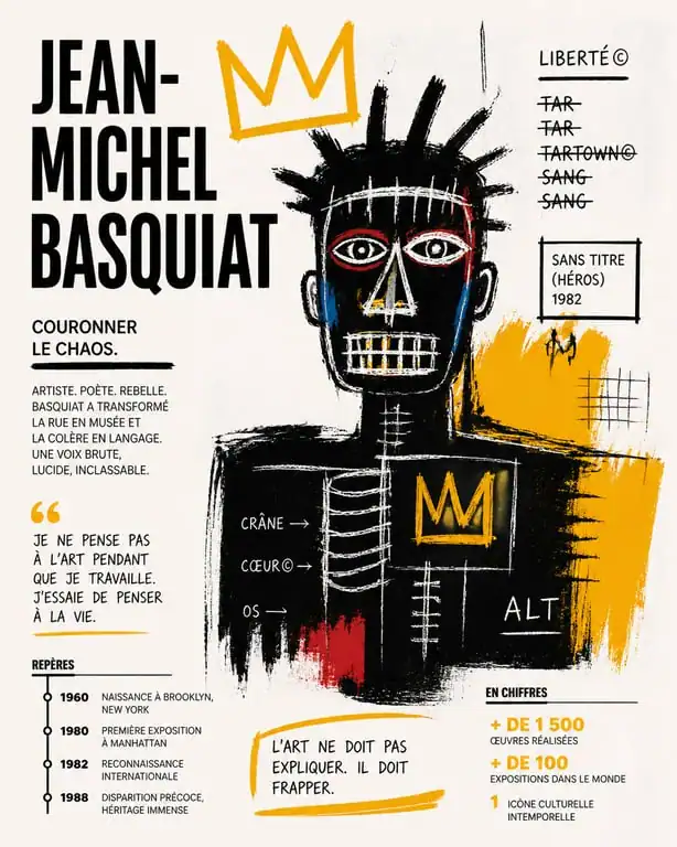 Tableau Basquiat style néo-expressionniste avec couronne et symboles graphiques