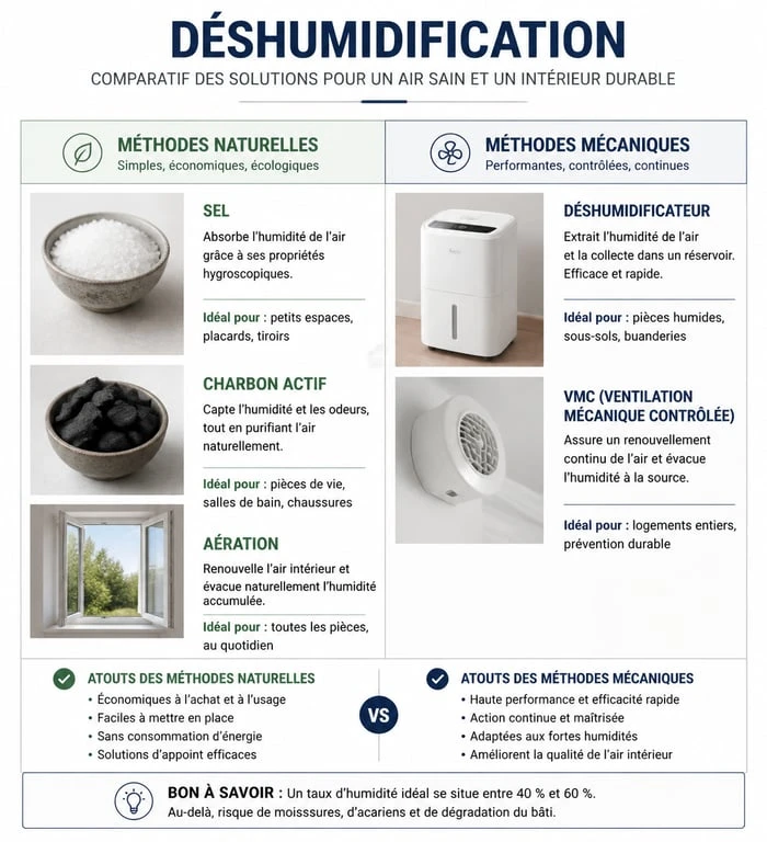 Infographie comparative des méthodes pour déshumidifier une pièce