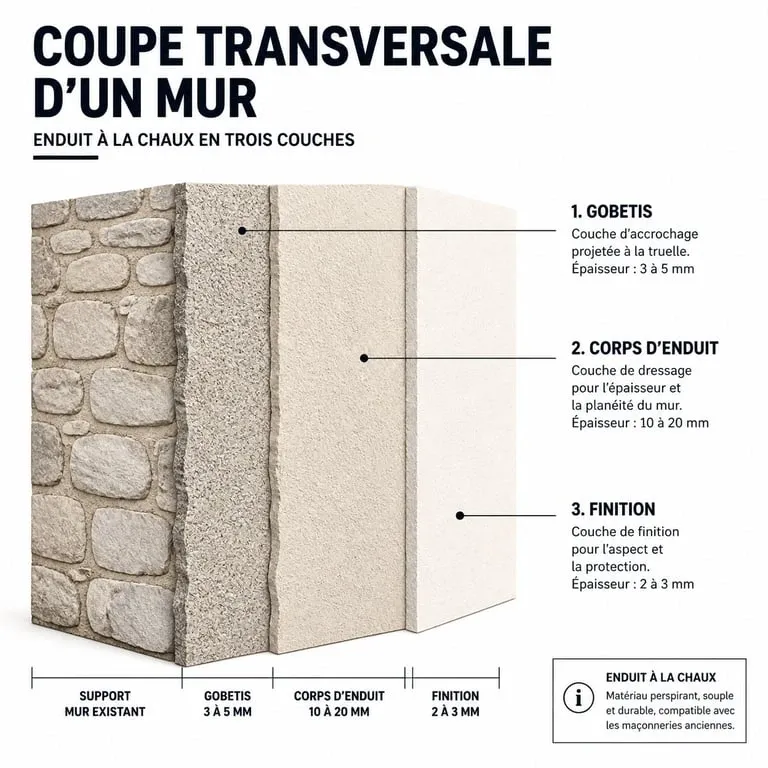 Schéma technique des trois couches d'un enduit à la chaux : gobetis, corps d'enduit et finition
