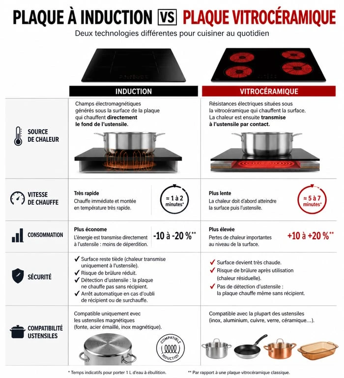 Infographie comparative : plaque induction vs vitrocéramique pour savoir comment reconnaitre une plaque induction et vitrocéramique