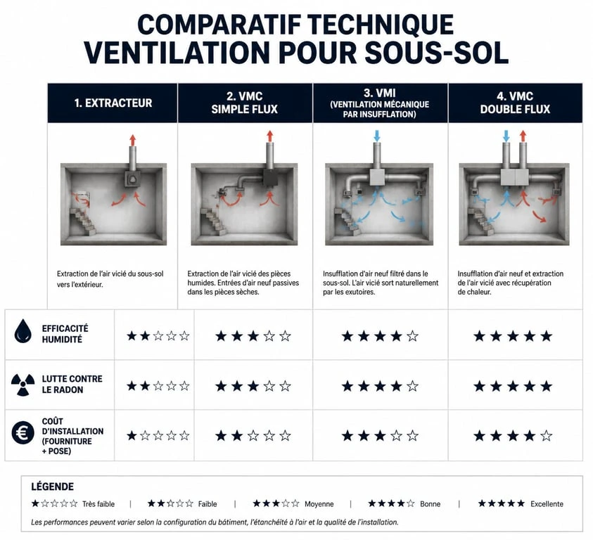 Tableau comparatif des systèmes de ventilation mécanique pour sous-sol : extracteur, VMC et VMI