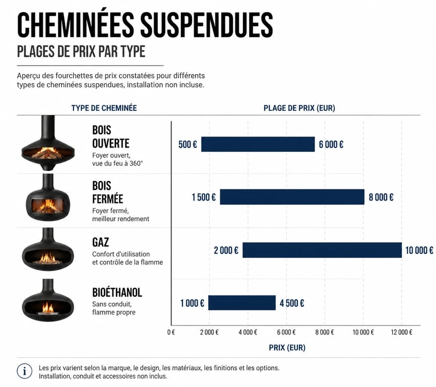 Graphique comparatif des prix des cheminées suspendues selon le type de foyer et combustible