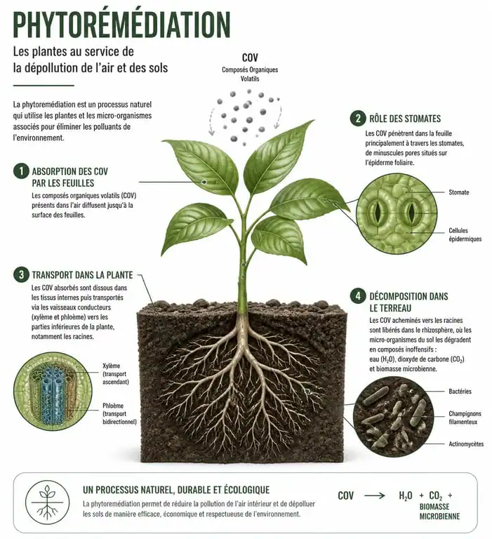 Schéma du fonctionnement des plantes dépolluantes et phytoremédiation pour assainir l'air intérieur