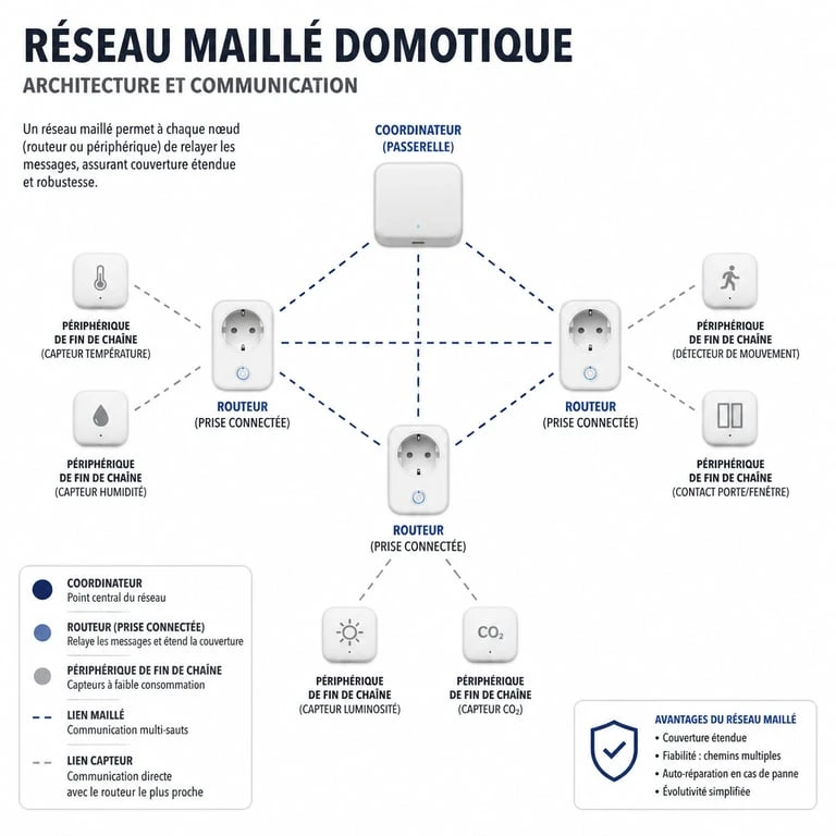 Schéma du réseau maillé Zigbee domotique montrant la connexion entre le coordinateur, les routeurs et les capteurs.