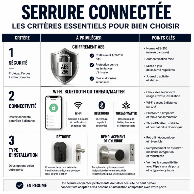 Infographie des critères de choix pour la meilleure serrure connectée : sécurité, connectivité et installation.