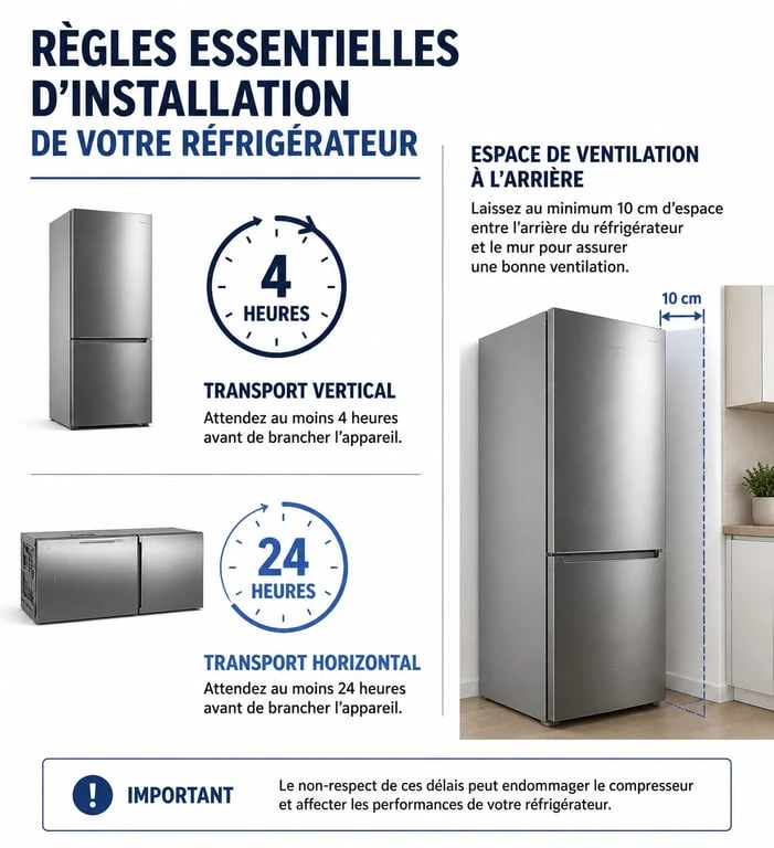 Infographie des règles d'installation d'un frigo : temps de repos et ventilation