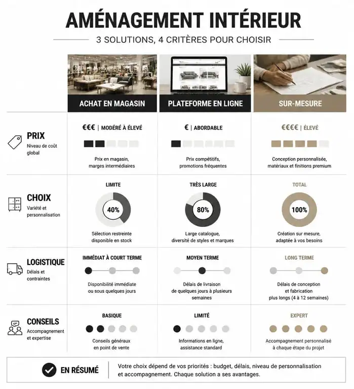 Comparatif des solutions pour mon aménagement maison : magasin, en ligne et sur-mesure