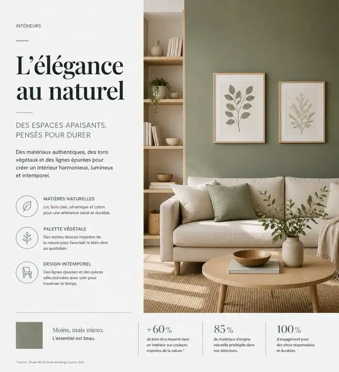 Salon moderne avec décoration murale vert sauge, cadres botaniques et étagères en bois clair