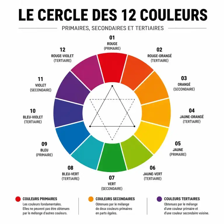 Cercle chromatique illustrant les 12 couleurs principales : primaires, secondaires et tertiaires