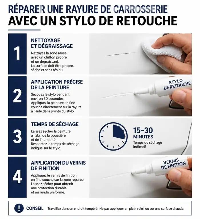 Étapes d'utilisation d'un stylo retouche peinture pour carrosserie de voiture