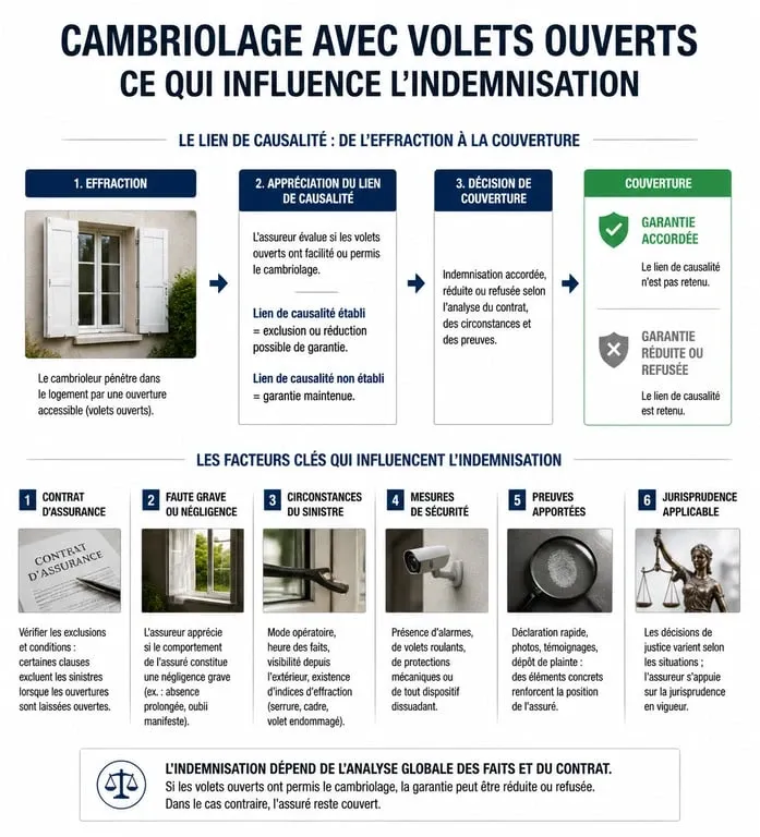 Infographie sur l'indemnisation assurance après cambriolage avec volets ouverts