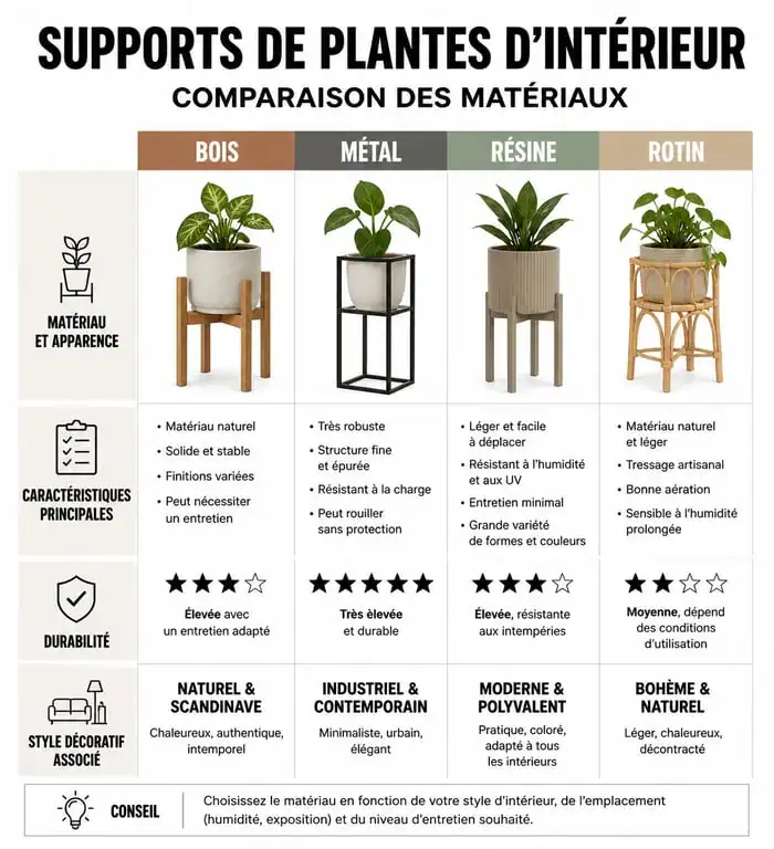 Infographie comparative des matériaux pour support plante intérieur : bois, métal, résine et rotin.