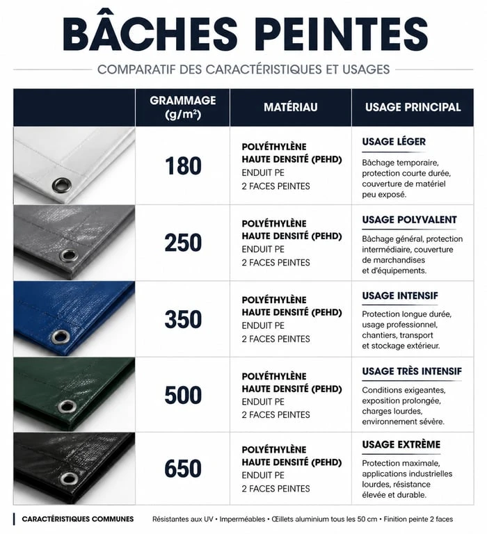 Tableau comparatif des types de bâche peinte selon le grammage et l'usage