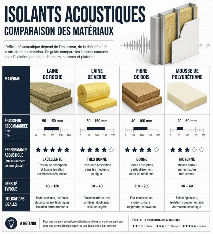 Infographie comparative des matériaux pour isoler phoniquement un mur mitoyen