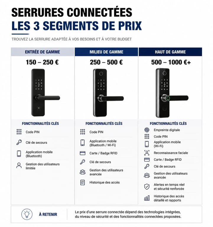 Infographie des prix et gammes de serrures connectées pour comparer les budgets