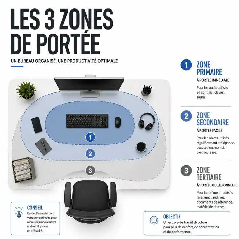 Schéma des zones d'ergonomie pour organiser un bureau efficacement