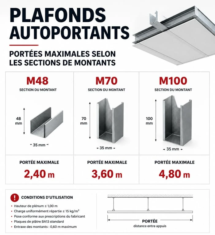 Tableau des portées maximales pour plafond autoportant selon la section des montants