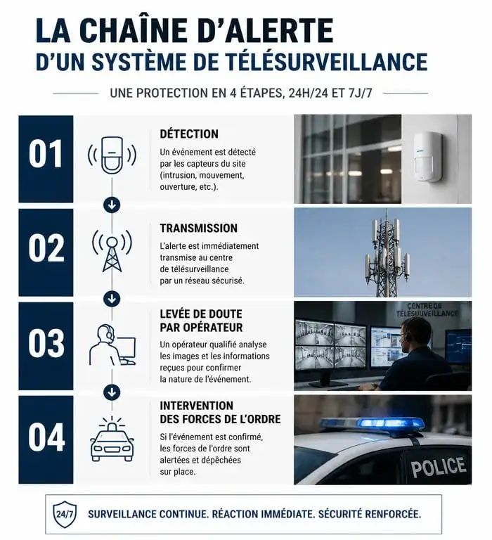 Infographie de la chaîne d'alerte d'un abonnement télésurveillance