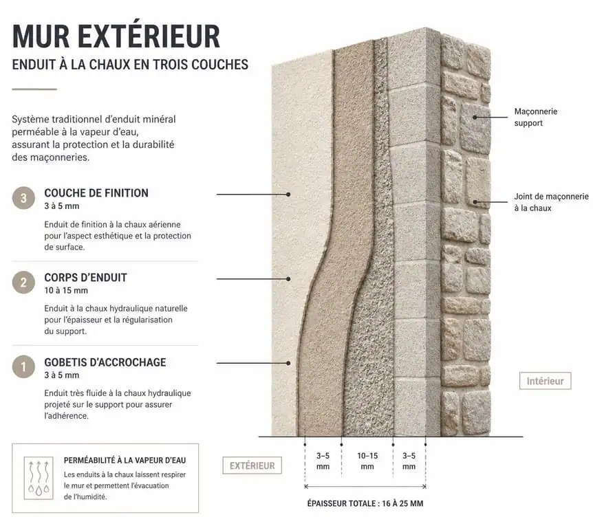 Coupe technique des trois couches d'un enduit à la chaux extérieur