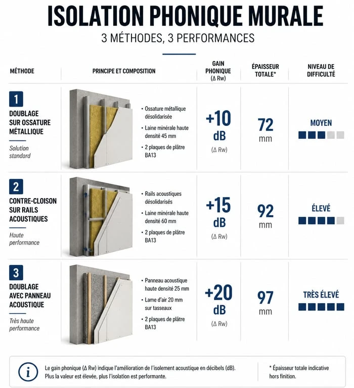 Comparatif des solutions pour isoler phoniquement une pièce : gain acoustique et épaisseur