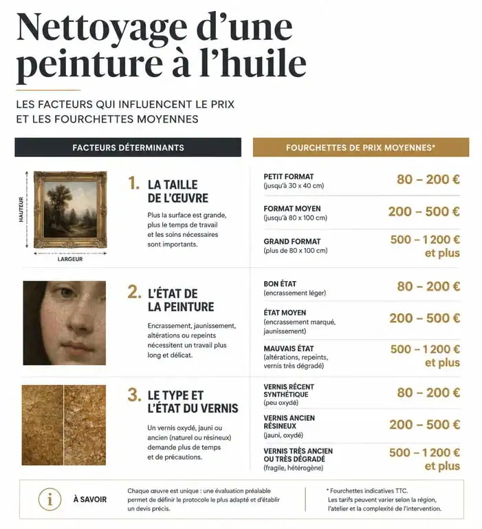 Infographie des facteurs et tarifs de nettoyage de tableau peinture à l'huile