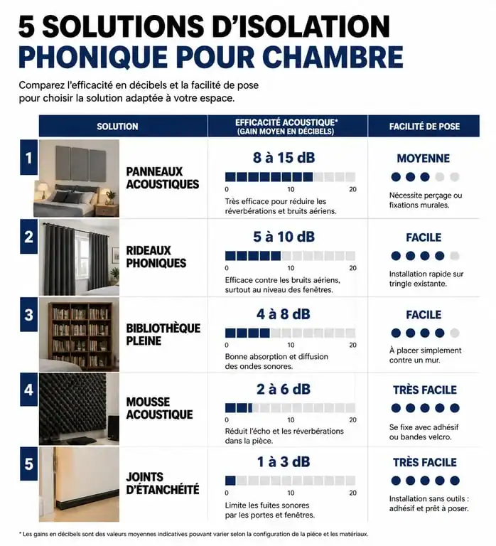 Infographie comparative des solutions d'isolation phonique mur chambre sans travaux