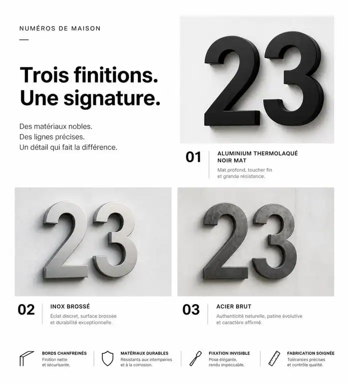Comparatif des matériaux pour numéro de maison design : aluminium, inox et acier