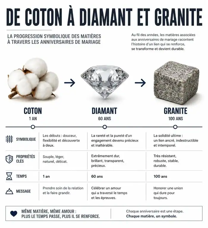 Infographie de la progression symbolique des noces de mariage, de la première année au centenaire.