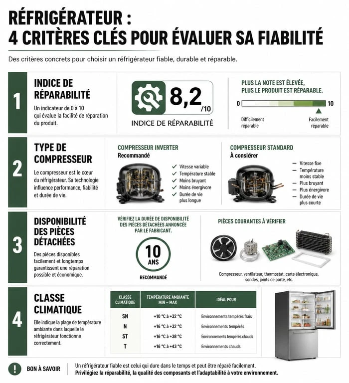 Infographie sur les critères de fiabilité pour choisir un réfrigérateur et éviter les marques à problèmes