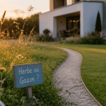 herbe ou gazon, jardin partagé au coucher du soleil