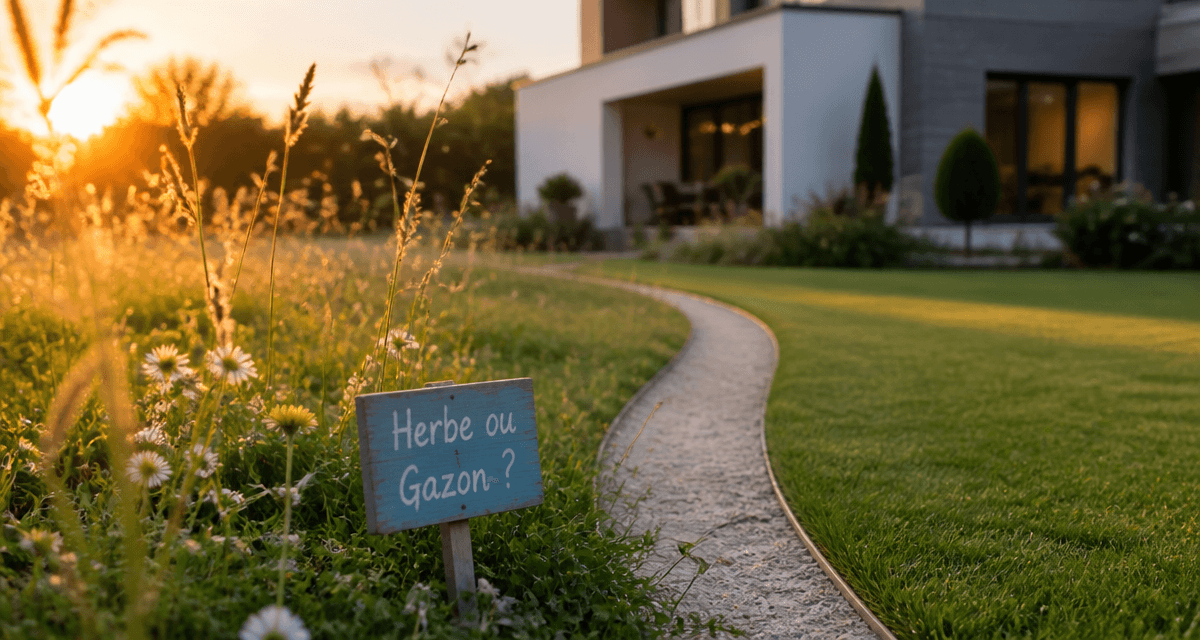 herbe ou gazon, jardin partagé au coucher du soleil