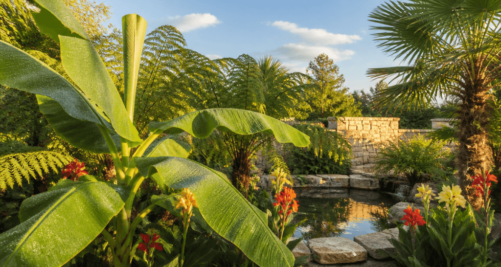 jardin tropic avec bananiers et palmiers